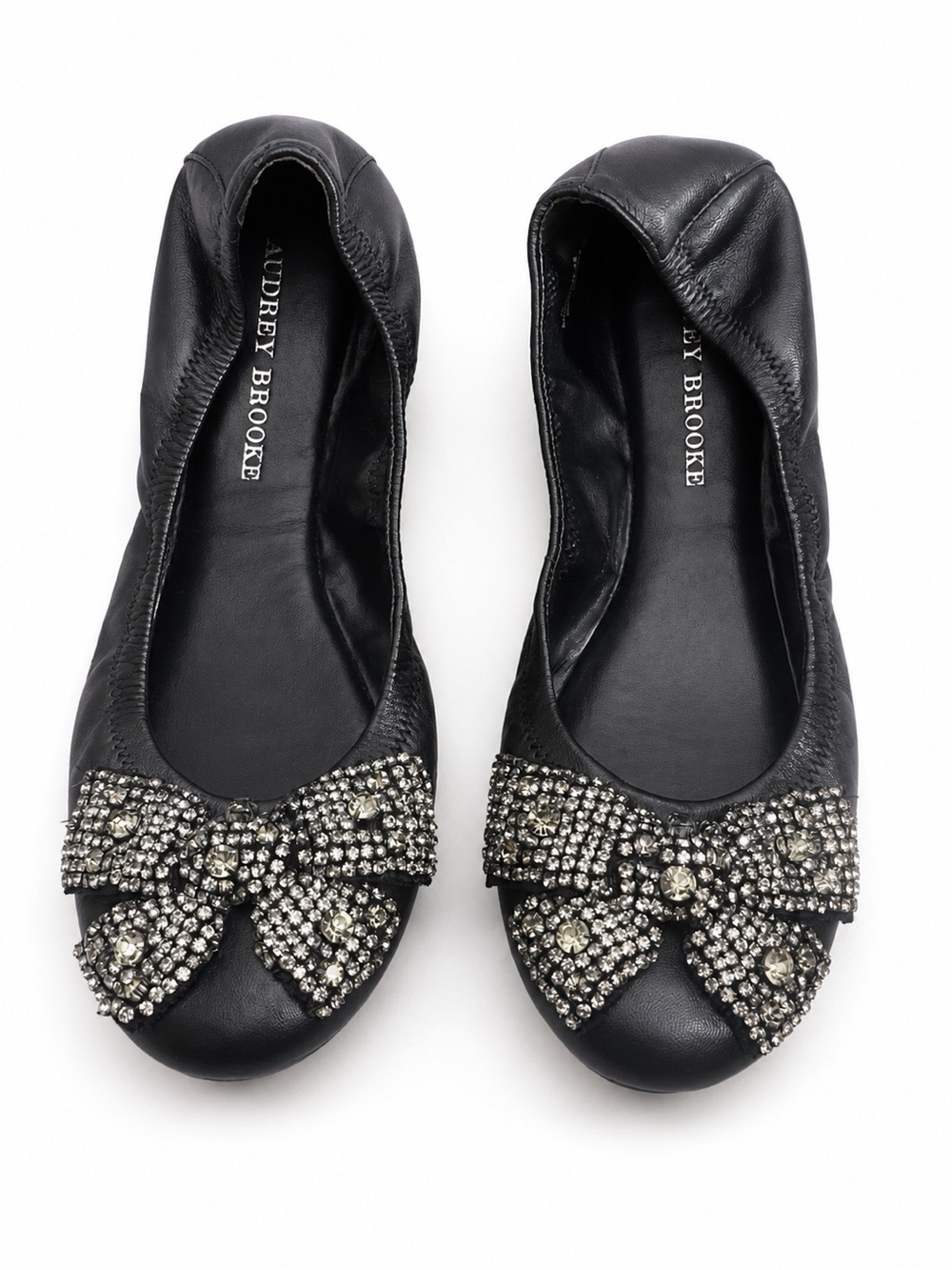 Audrey Brooke Black Leather Ballet Flats with Crystal Bow Accents